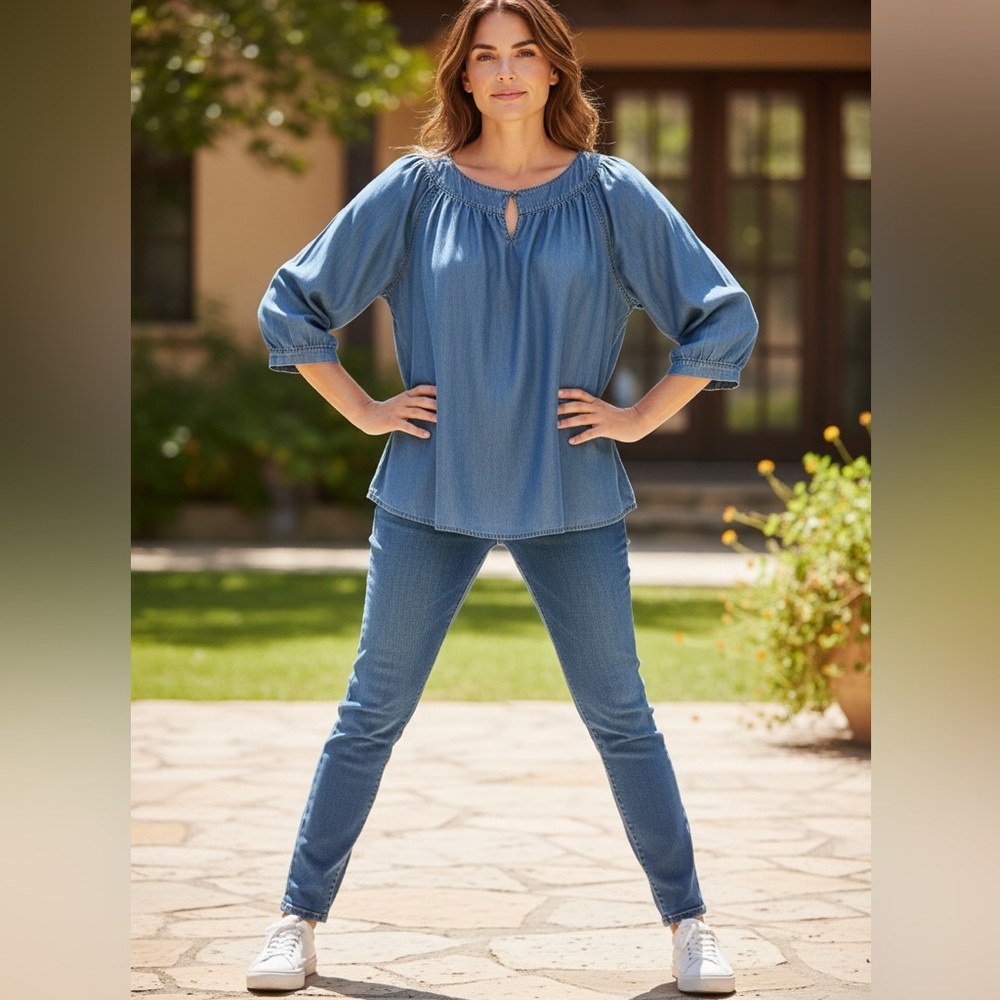 Lands’ End Blue Chambray Tunic Top with 3/4 Button Sleeve. EUC - Picture 3 of 12